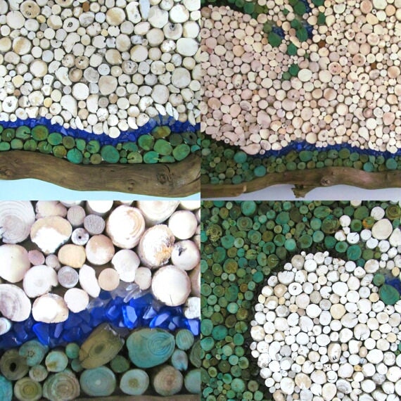 Driftwood Slice Abstract Wave with Seaglass Accents - Wall Hanging Driftwood Art