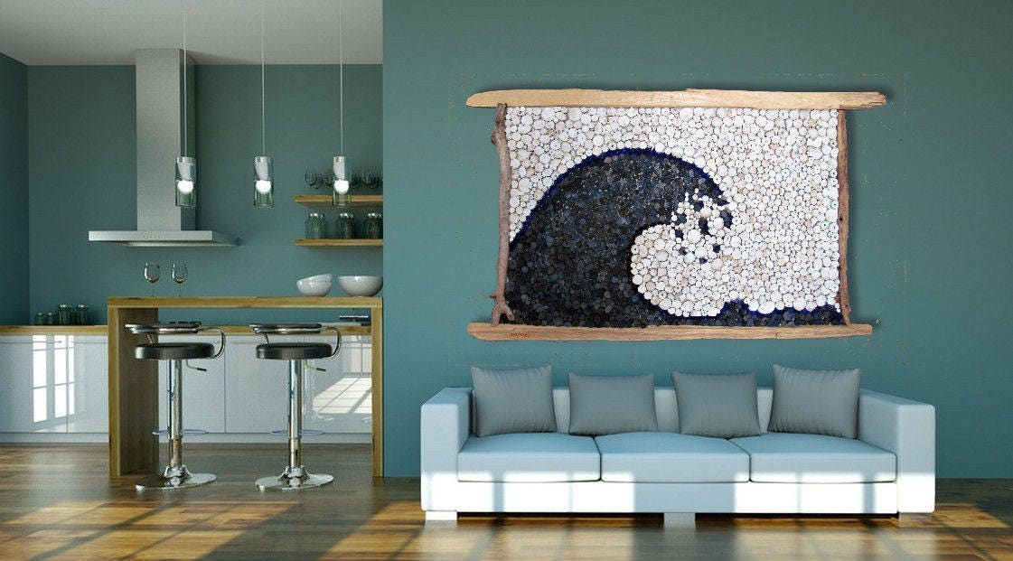Driftwood Slice Abstract Wave with Seaglass Accents - Wall Hanging Driftwood Art