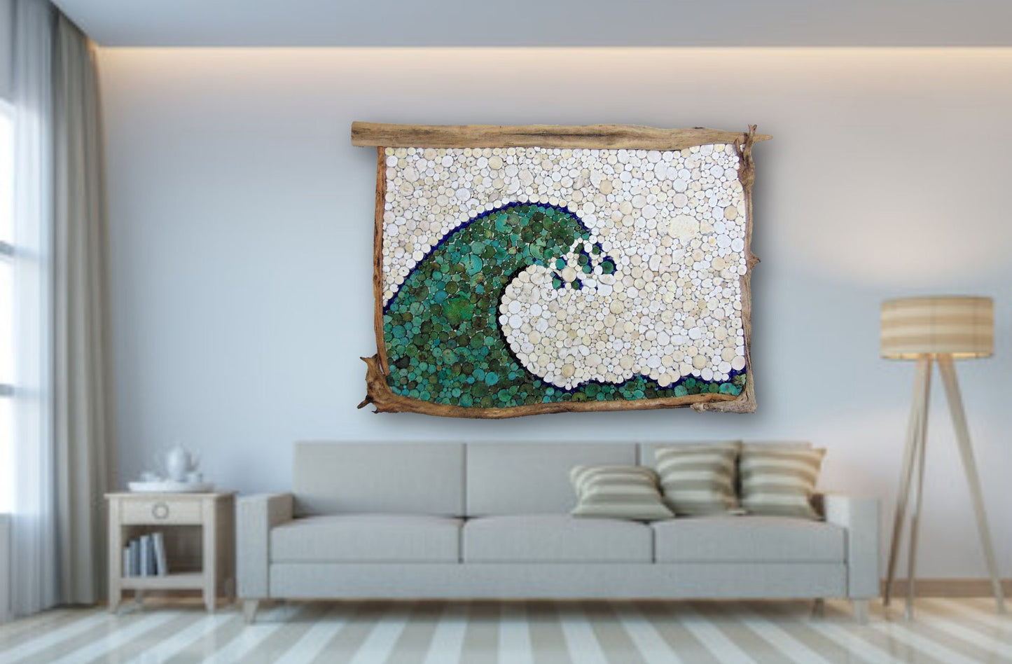 Driftwood Slice Abstract Wave with Seaglass Accents - Wall Hanging Driftwood Art