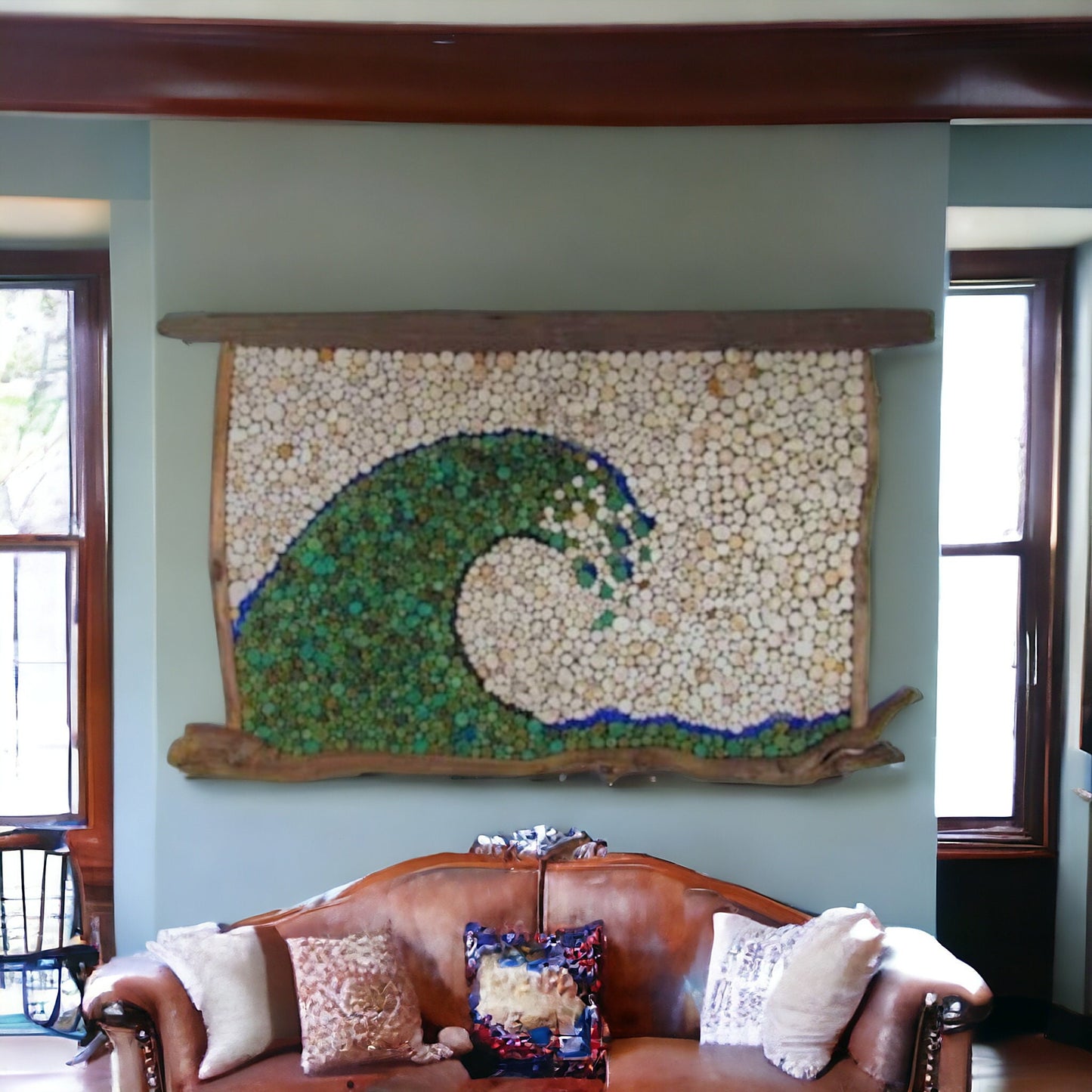 Driftwood Slice Abstract Wave with Seaglass Accents - Wall Hanging Driftwood Art
