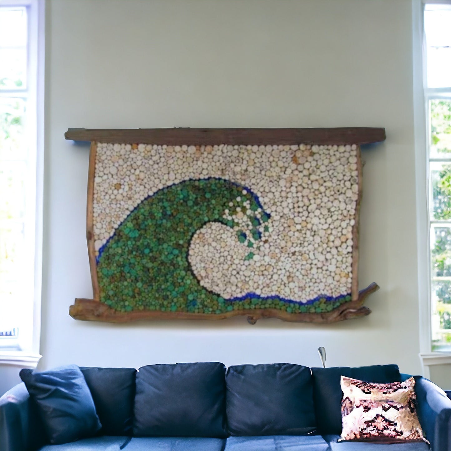 Driftwood Slice Abstract Wave with Seaglass Accents - Wall Hanging Driftwood Art