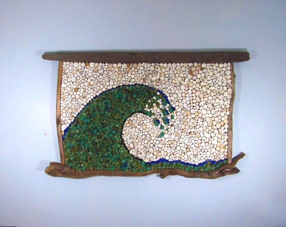 Driftwood Slice Abstract Wave with Seaglass Accents - Wall Hanging Driftwood Art